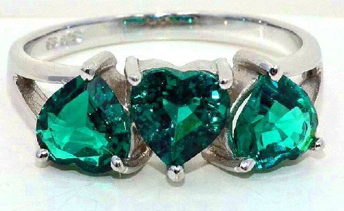 3 Ct Created Emerald Heart Ring .925 Sterling Silver Rhodium Finish