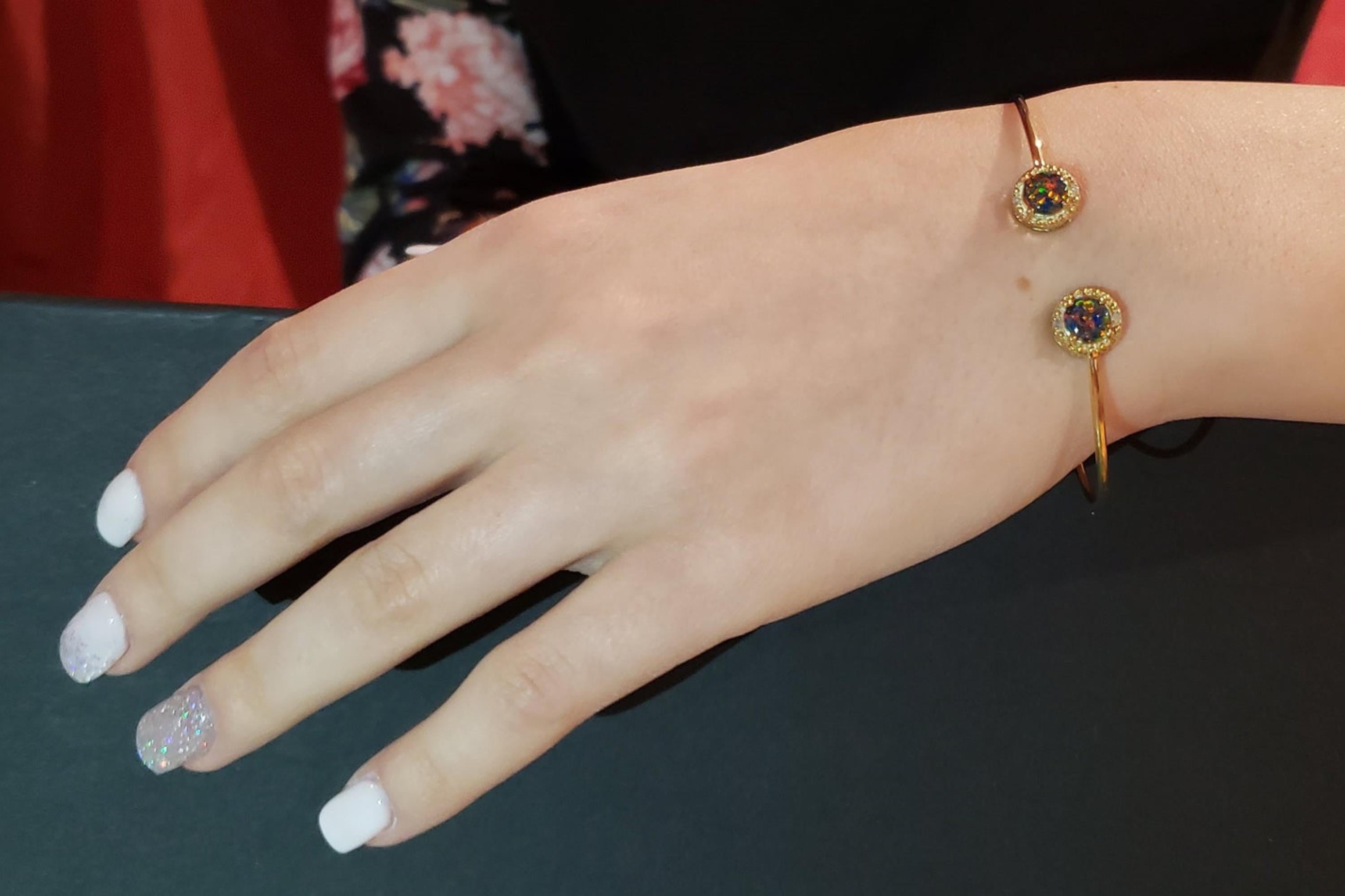 14Kt Gold Black Opal & Diamond Round Bangle Bracelet