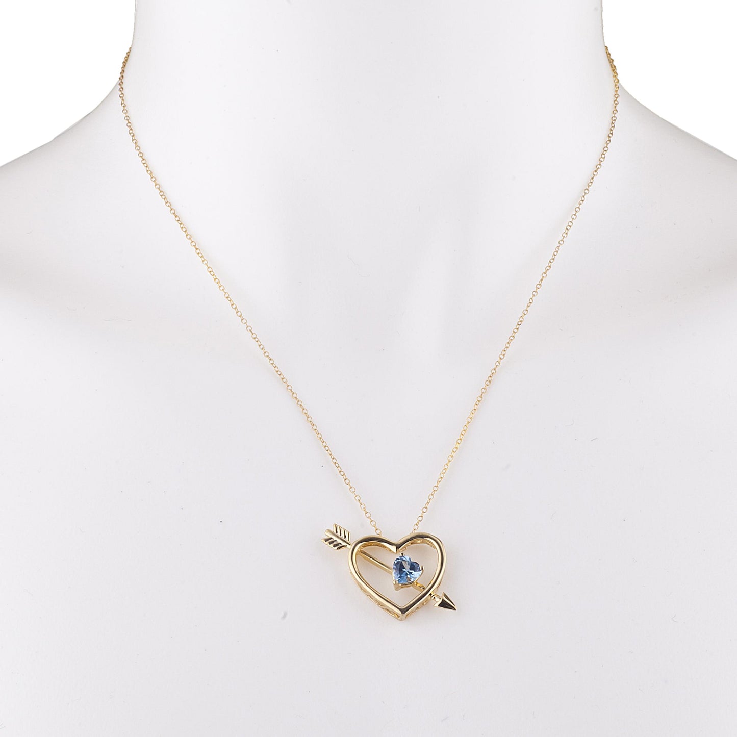 14Kt Gold Blue Topaz Heart Bow & Arrow Pendant Necklace