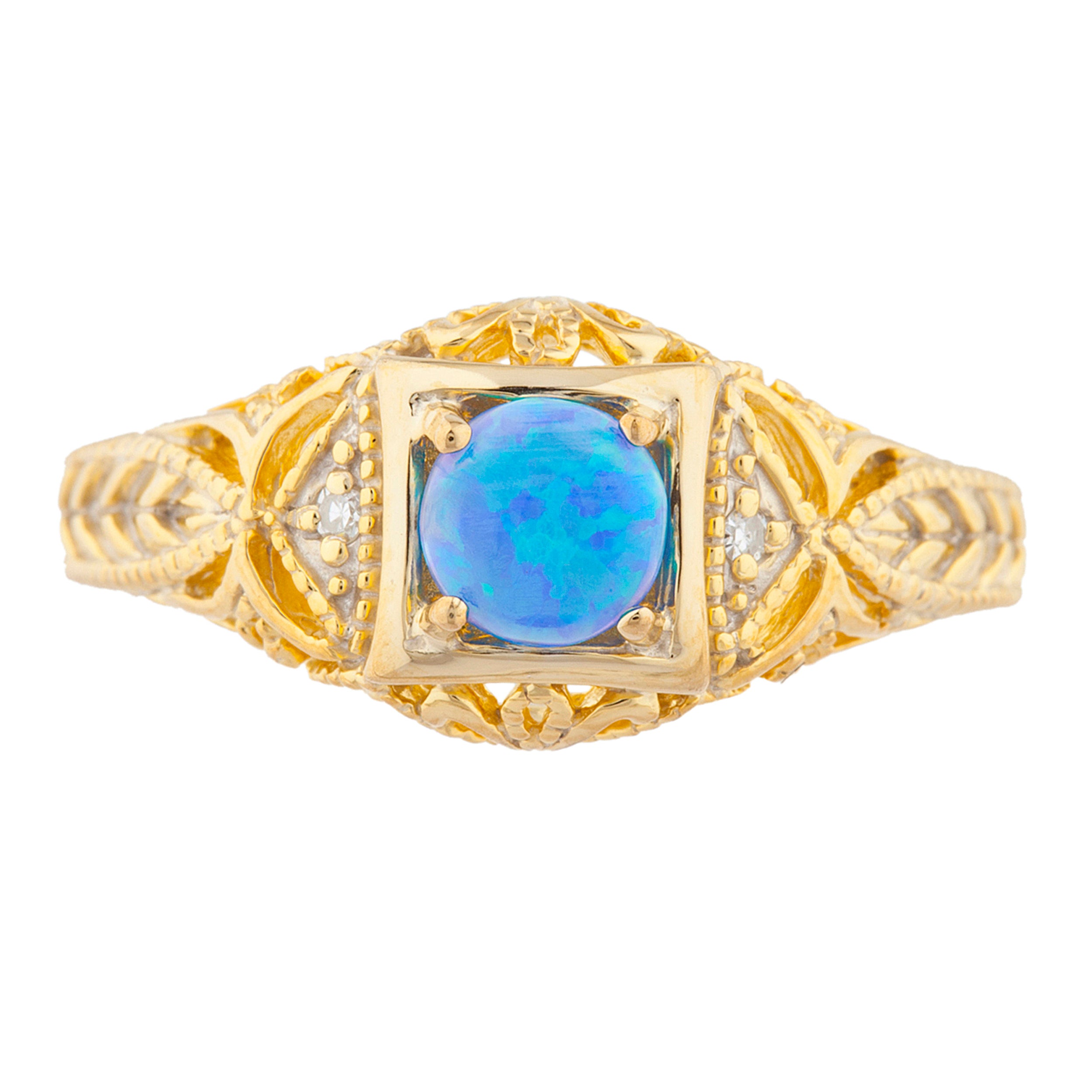 14Kt Gold Blue Opal & Diamond Design Round Ring