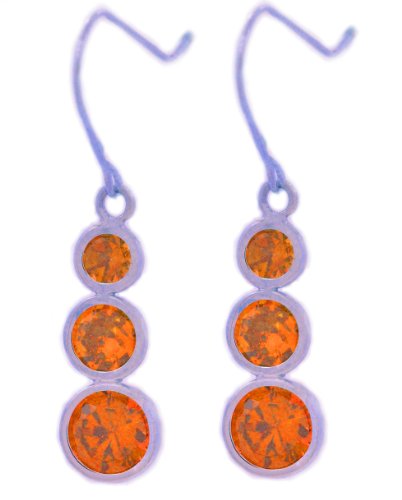 3 Bezel Orange Citrine Dangle Earrings .925 Sterling Silver