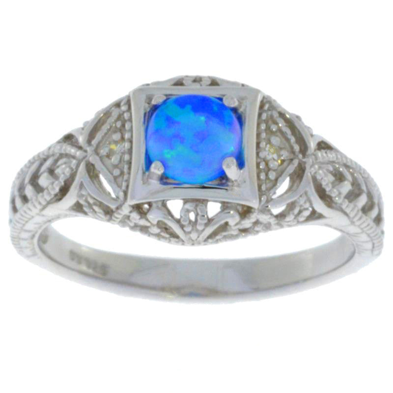 Blue Opal & Diamond Round Ring .925 Sterling Silver