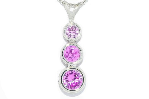 3 Pink Sapphire Round Bezel Pendant .925 Sterling Silver Rhodium Finish