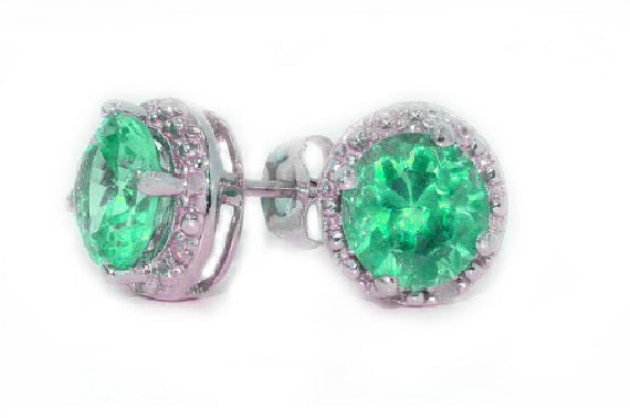 14Kt White Gold Green Sapphire & Diamond Round Stud Earrings